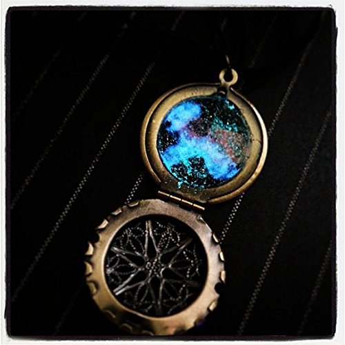 Brass Caged Window Locket with Glow In the Dark Galaxy and Nebula on Black Ribbon and Cord Necklace