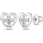925 Sterling Silver Small Pink Cubic Zirconia Heart Cross Safety Screw Back Earrings For Girls- Lightweight Earrings For Toddlers, Little Girls & Young Teens