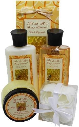 Honey Almond Spa Gift Set by Art de Moi, 5 Piece Kit with Shower Gel, Moisturizing Lotion, Soothing Bath Salts, Body Scrub, and Soap Flower Petals, a Great gift idea for Her