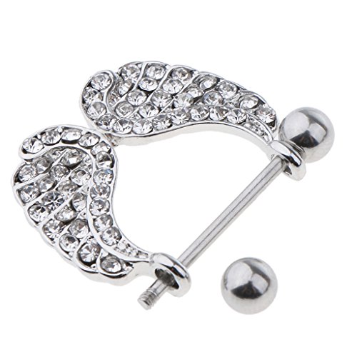 Dolity 1 Pair Stainless Steel Accent Angel Wings Nipple Shield 16g Full Crystal 16g - White - Thumbnail 2