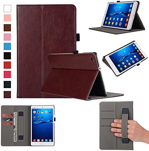 SHANGRUN Premium PU Leather Folio Book Smart-Shell Cover with [Built in Hand Strap], Stand Feature, [Auto Sleep/Wake] for Huawei MediaPad M3 Lite 8.0" Tablet Cove Wine Red
