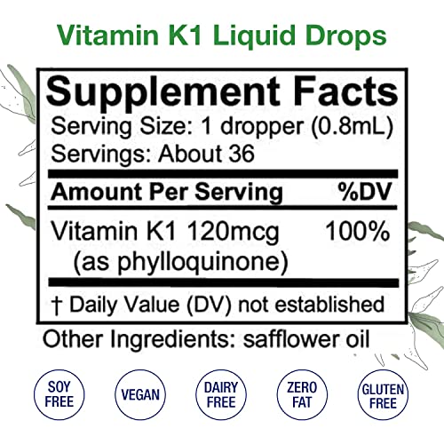 Vitamin K1 Liquid Drops - Made in USA - Natural High Potency Phylloquinone for Men, Women, Children, & Newborns Great for Dark Undereye Circles - Bulk Sizes Also Available