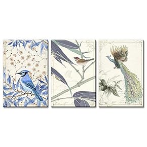 3 Panel Canvas Wall Art - Vintage Style Birds,Peacock Flowers on Floral Background - Giclee Print Gallery Wrap Modern Home Art Ready to Hang - 16"x24" x 3 Panels