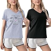 ENJOYNIGHT 2 Pack Womens Pajama Tops Cotton T-Shirt V-Neck Soft Sleep Pj Shirt Short Sleeves