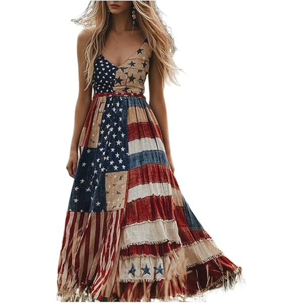 Women's Independence Day Patch Art Line Dress Floral