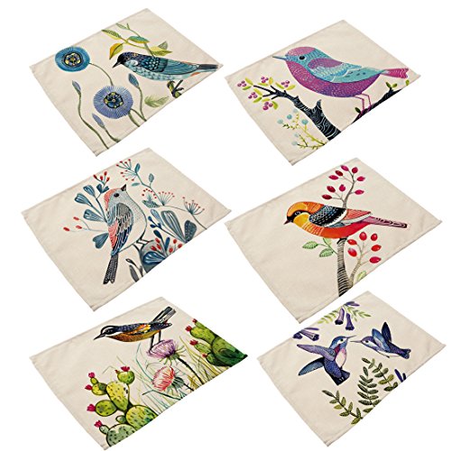 Cotton Linen Placemats, YIFAN 6Pcs Bird Pattern Dining Table Mats for Home Kitchen Office