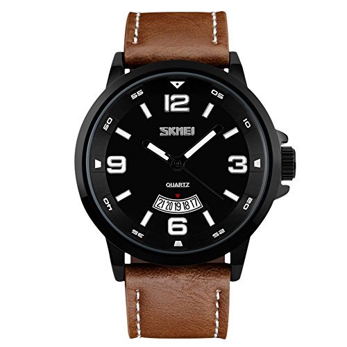 Men's Quartz Watch With Large Face Leather Band 30M Waterproof Auto Date Wrist Watches - Brown Strap