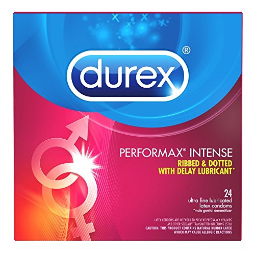 Durex Condom Performax Intense Natural Latex Condoms, 24 Count - Ultra Fine, ribbed, dotted with delay lubricant