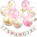 It's A Girl Baby Shower Party Decorations Pre-Strung Burlap Banner & 12PC Balloons w/Ribbon [Rose Gold Confetti, Rose Pink, Tan] Kit Set Supplies Bundle (It's A Girl - Pink)