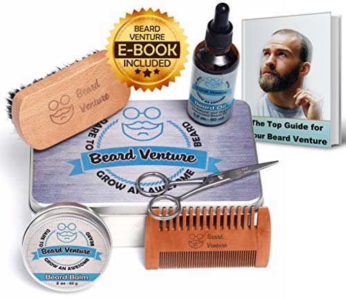 Beard Care Kit for Men by Beard Venture - Growth Grooming Shaping Trimming- Includes All Natural and Organic Mustache & Beard Oil, Balm, Boar Brush, Wooden Comb, Men's Scissors in a Luxury Metal Box.