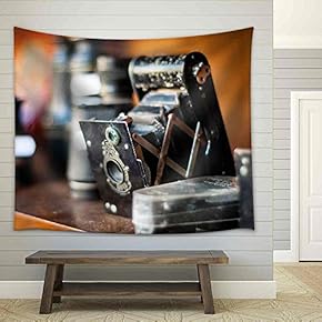 Old Camera. Vintage Photography Equipments on a Shelf. Shallow Dof. - Fabric Wall Tapestry Home Decor - 51x60 inches