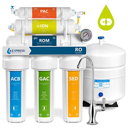 Express Water Deionization Reverse Osmosis Water Filtration System – 6 Stage RO DI Water Filter with Faucet and Tank – Distilled Pure – Under Sink Home Water Softener – 100 GPD with Pressure Gauge