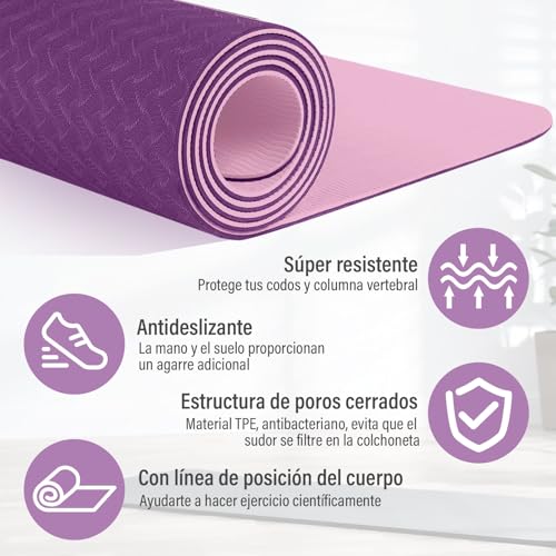 GALASALA Tapete para Ejercicio Antideslizante, Tapete Yoga Grueso de 6mm de PET, Tapete de Yoga de TPE Dos Colores, Yoga Mat Adecuada para Yoga, Pilates, Meditación, Ejercicio, 183x61x0.6cm