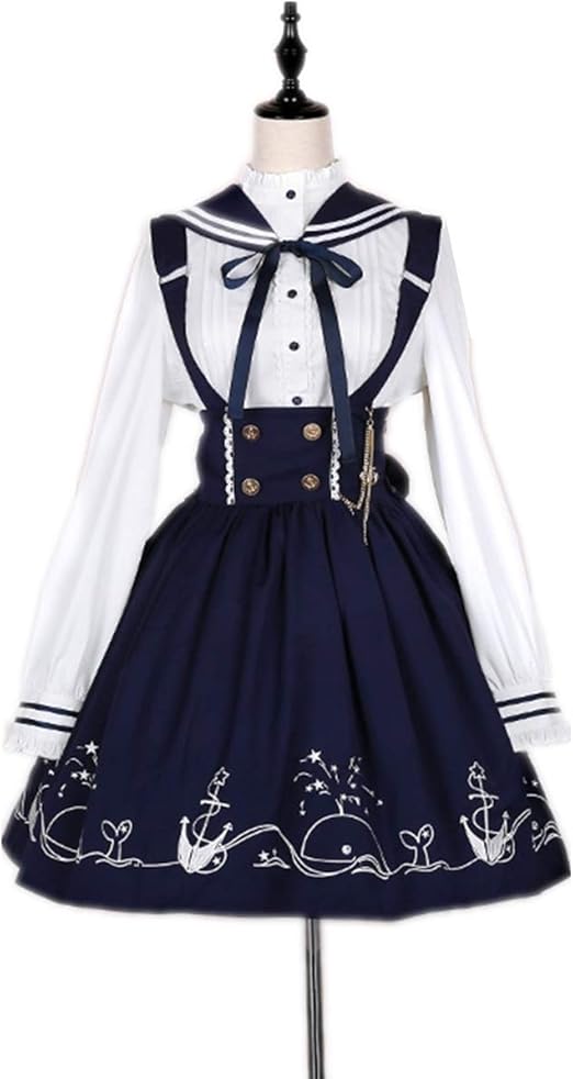 Amazon Nemiso ロリータ セーラー ワンピース Lolita服 コスプレ ロリ コスチューム ロング 長袖 サスペンダー スカート リボン セーラー襟 蝶結び 2種類セット コスプレ用 撮影 道具 アニメ Sailor Costume ハロウイン Halloween 文化祭 イベント パーティー アイテム