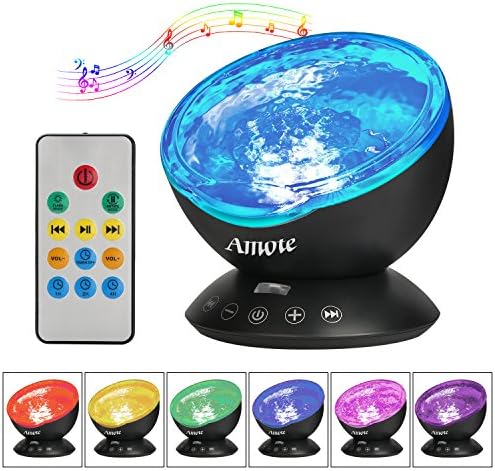 Night Light, AMOTE Ocean Wave Lighting with Remote Control Built-in Mini Music Player Projector Lamp 12 Led 7 Colorful Effect for Kids Living Room and Bedroom