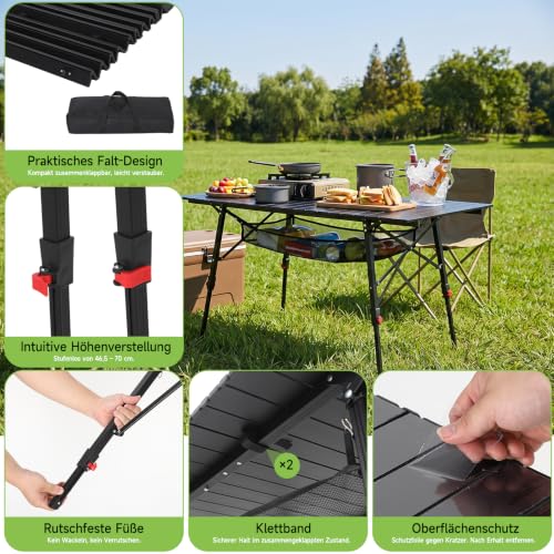 HAUSPROFI Camping Table Foldable Aluminium Height Adjustable 93 x 53 cm Folding Table with Roll-Up Table Top Carry Bag & Mesh Bag for Camping Picnic Garden Balcony Outdoor Black Model 2026
