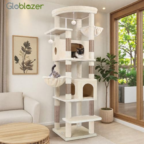 Globlazer Cat Scratching Post Beige XXL 188 cm with 2 Extra Large Cat Houses 50 x 30 x 30 cm, Enlarge Platform Padded, 2 Cat Baskets, Sturdy Cat Tree Corner Tilt-Proof for Large Cats, Heavy (S74, Beige)