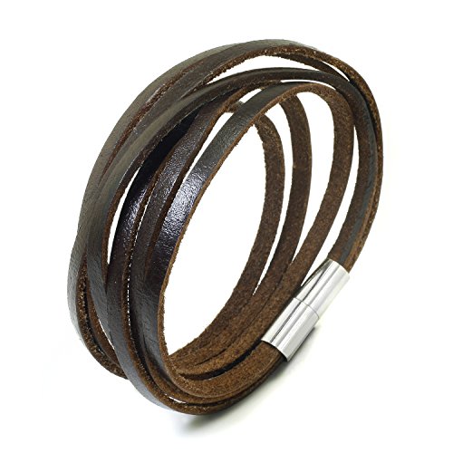 JewelrieShop Monotone Rough Finish Genuine Leather Wrap Magnetic Bracelet Wristband