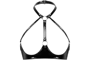 Oyolan Women Faux Leather Cupless Cage Bras Wet Look Open Bust Halter Harness Lingerie Underwear
