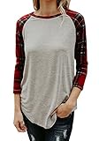 Womens Tops 3/4 Sleeve Raglan Shirt Plaid Baseball Tee Fall Casual Cute T Shirts