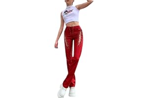 Juaugusep Women 's Faux Leather Slim Fit Straight Trousers Fashion Bandage Hollow High Waist Leather Pants