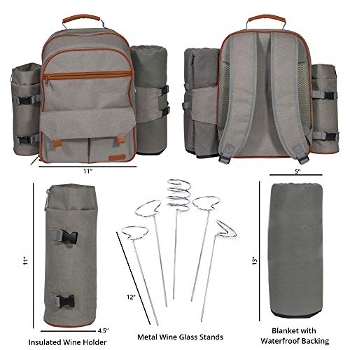Picnic Backpack Set for 2 to 4 with Blanket, Wine Stand & Glasses, Cutlery, Dinnerware, Detachable Insulated Waterproof Compartment Pouch in The Cooler, Picnic Basket for Family by Frux Home & Yard
