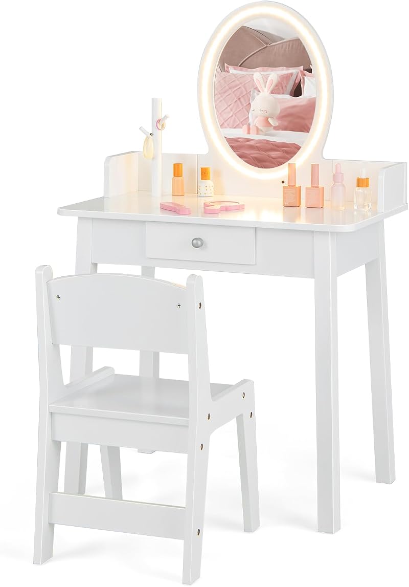 Maxmass Kids Vanity Table and Chair White with LED Mirror and Drawer