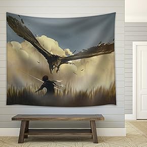 Illustration - The Big Eagle Attack The Warrior from Above in a Field,Illustration Painting - Fabric Wall Tapestry Home Decor - 51x60 inches