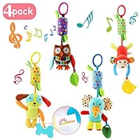 Joyshare 4 PCS Baby Soft Hanging Rattle Crinkle Squeaky Toy - Baby Toys for 0 3 6 9 to 1 Animal Ring Plush Stroller Infant Car Bed Crib Travel Activity Hanging Wind Chime with Teether for Boys Girls