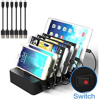 JZBRAIN 6 Port USB Charging Station for Multiple Devices With Cables Aluminium Base With Individual Power Switch for Iphone Ipad Samsung and Other Android Devices or Tablets (Black)