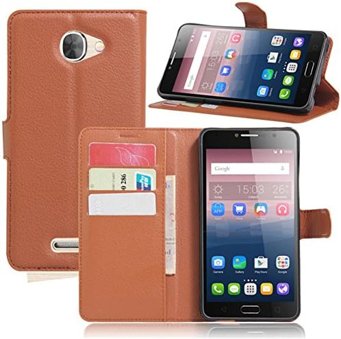 Kingru Case for Alcatel POP 4S Fashion PU Litchi Pattern Wallet Stand Case Cover with Card Slot -Brown