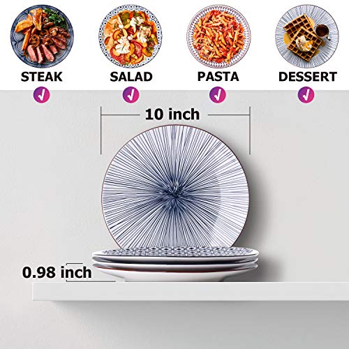 Y YHY 10 Inch Porcelain Dinner Plates, Large Serving Plate Set, Assorted Blue White Patterns, Set of 4