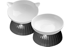 DDMOMMY 2 Ceramic Raised Cat Food Bowls, Elevated Cat Food and Water Bowl Set, Pet Bowl for Indoor Cats and Small Dogs, Anti-Vomiting Cat Dog Feeder with Plastic Base, Dishwasher Safe, Black…