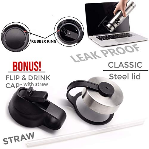 HYQO Insulated Stainless Steel Water Bottle | Cold 48 Hrs Hot 24 Hrs | 26 Oz Double Wall Vacuum Leak Proof Metal Water Bottle with Straw | Extra Flip & Drink Lid - Thumbnail 2