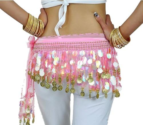 Chiffon Paillette Belly Dance Hip Scarf, PINK, One Size