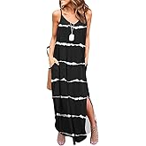 HUSKARY Women's Summer Casual Sleeveless V Neck Strappy Split Loose Dress Beach Cover Up Long Cami Maxi Dresses with Pocket