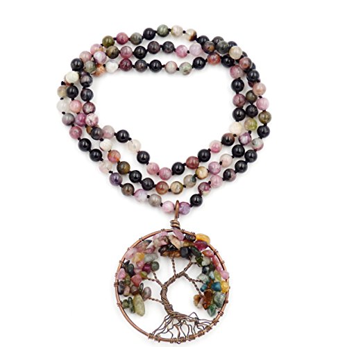 Gemstone Mala Beads Necklace, 108 Buddhist Prayer Beads Necklace, Hand Knotted Necklace (Tourmaline)