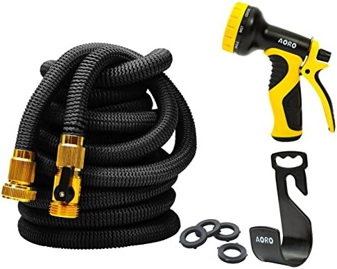 AORO Expandable Garden Hose, 50ft Flexible Expanding Hose with Natural Triple Layer Latex Core,Solid Brass Connector (with Valve), Storage Sack, Hose Holder and 9 Pattern Spray Nozzle,(Black)