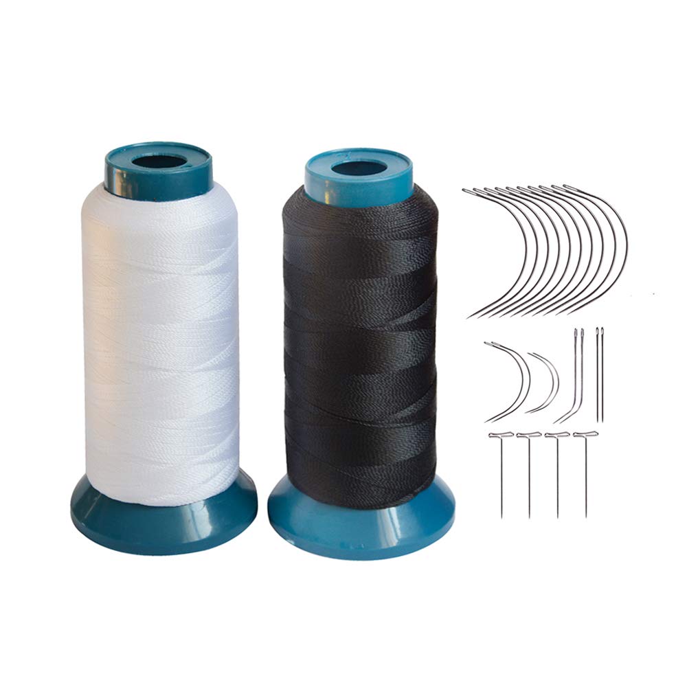Bonded Sewing Thread Polyester Weaving Thread 1200 Yards 250D with 12pcs 9cm C Type Needles Curved Hair Needles（Black,White）