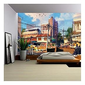 Digital Painting Showing Street Scene with Urban Traffic on a Beautiful Sunny Day - Removable Wall Mural | Self-Adhesive Large Wallpaper - 66x96 inches