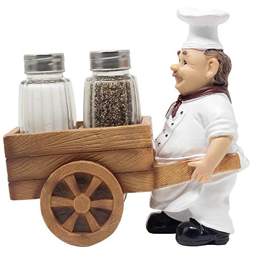 French Chef Pierre Pushing Faux Wooden Cart Salt and Pepper Shaker Set Display Stand Figurine for Decorative Diner Dining Room Table Centerpieces or Kitchen DÃ©cor Spice Racks As Wedding Gifts