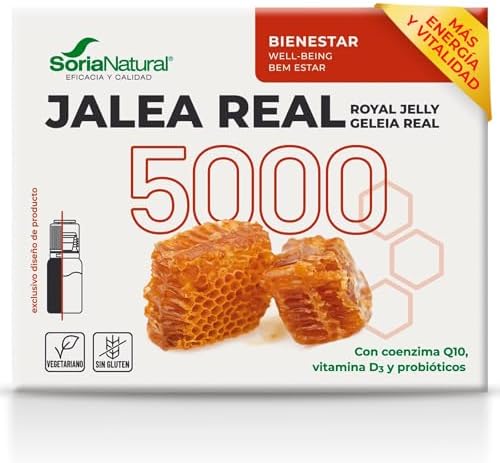 Royal Jelly 5000 com Coenzima Q10 e Vitamina D3 - Enriquecido com probióticos - Apoia a energia e a vitalidade física e mental em tempos de stress - 20 frascos - Soria Natural