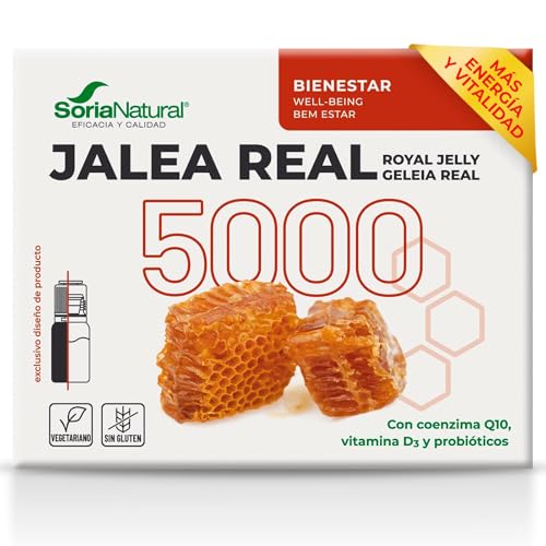 Jalea Real 5000 con Coenzima Q10 y Vitamina D3 - Enriquecido con Probióticos - Apoya la Energía y Vitalidad Física y Mental en Épocas de Estrés - 20 Viales - Soria Natural