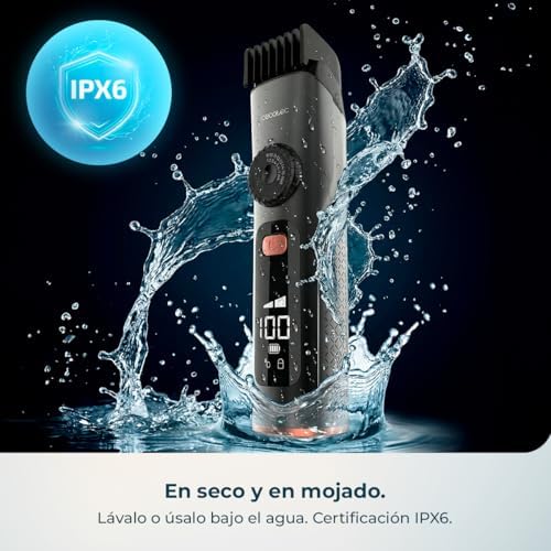 Recortadora de Barba PrecisionCare Barber Elite. Barbero con Cuchillas de Acero Inoxidable, Autonomía 120mins, Corte Preciso, 2 Peines 1-8mm y 9-16mm, Pantalla, IPX6, Carga Rápida