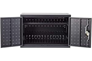 Pearington 16 Device Portable Table Top Charging and Storage Cabinet for iPads, Chromebooks and Laptop Computers, Up to 17-inch Screen Size, Bonus Shelf, Side Handles, Locking Front Door, Cable Clips