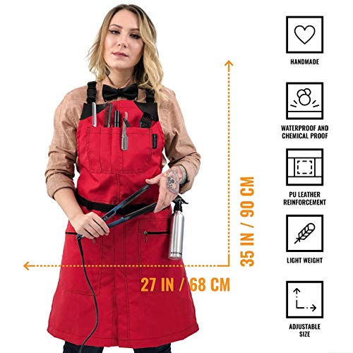 Cross-Back Barber Red Apron - Heavy-Duty Nylon, Water and Chemical Resistant, Zipped Pockets, No-Tie, Split-Leg - Adjustable for Men, Women - Pro Hair Stylist, Salon, Colorist, Artist