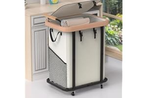 ELOWEN 40 Gal (150L) Laundry Hamper with Lid, Leather Patchwork Laundry Basket with Rolling Lockable Wheels and Handle, Laundry Basket Organizer for Laundry Room, Bedroom and Bathroom,Laundry Room - White