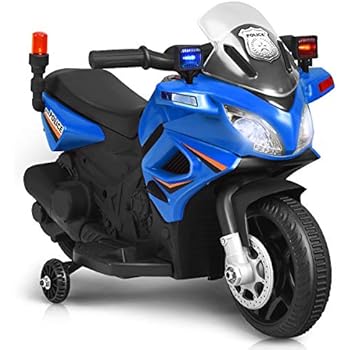 Costzon Kids Police Motorcycle, 6V Electric Battery Powered Ride On Bike w/ Training Wheels, Police Lights & Siren Sound, Headlights & Music, Pedal, Rechargeable Electric Toy for Boys & Girls (Blue)