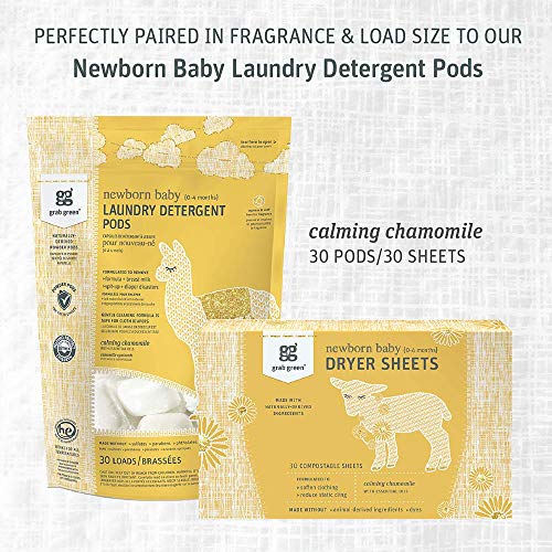 Grab Green {Stage 1} Natural Newborn Baby Laundry Dryer Sheets {0-4 Months}, Compostable, Free of Wax & Animal-Derived Ingredients, Calming Chamomile Fragrance-with Essential Oils, 30 Sheets (3-Pack)
