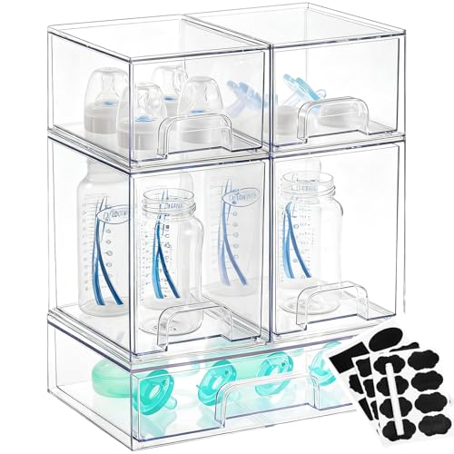 GOGOBAO Baby Bottle Organizer - 5 Pack Stackable Clear Drawers with Labels, Baby Storage Solution Container for Countertop, Cabinet, Bathroom, Pantry, Vanity